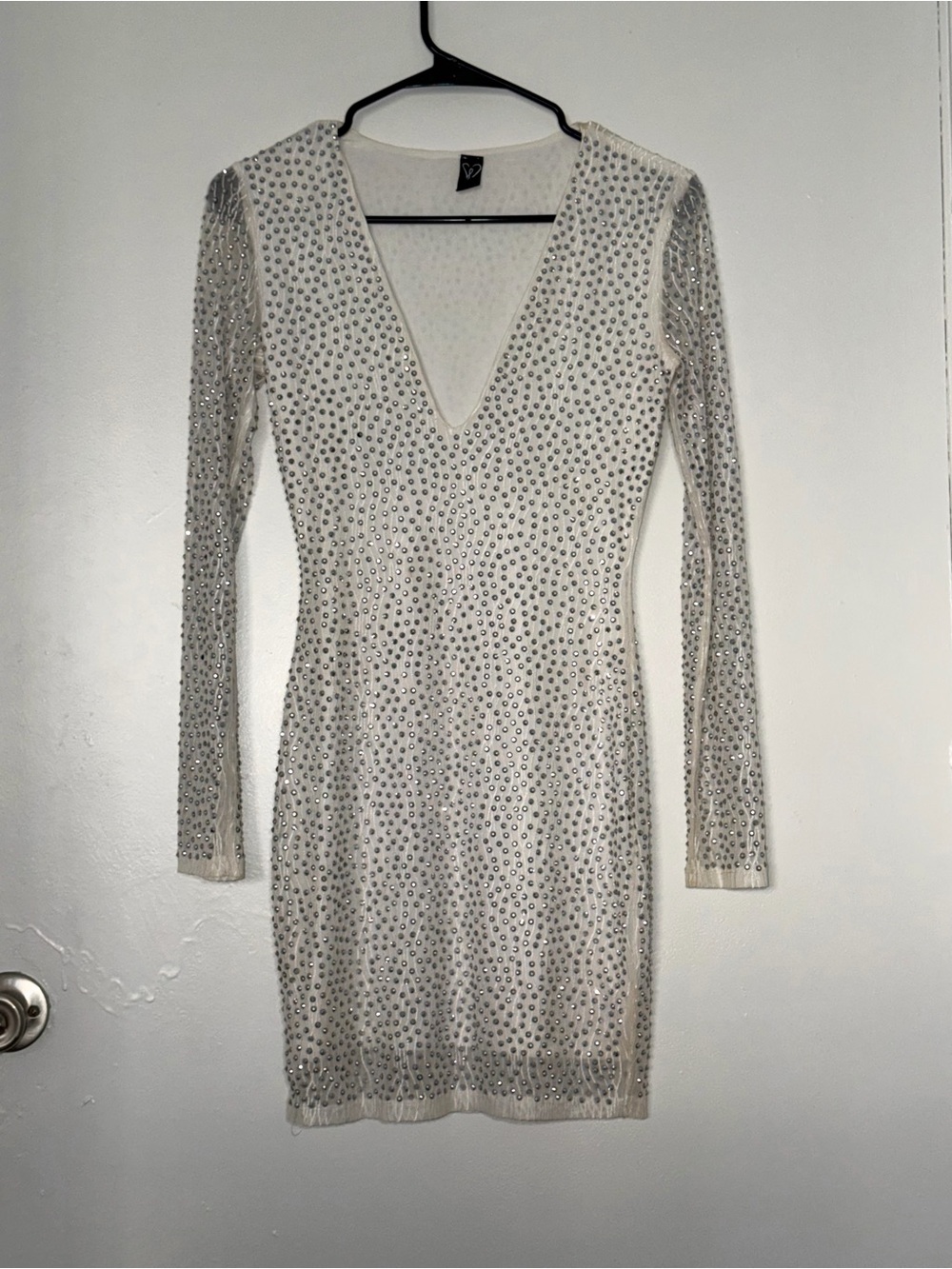 White Silver Sparkle Rhinestone V Neck Mesh Bodycon Birthday Party Club Dress